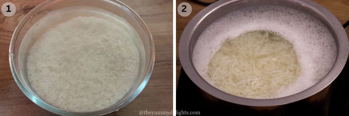 collage image of 2 steps showing how to cook rice for making fried rice. It shows soaking rice and cooking it.