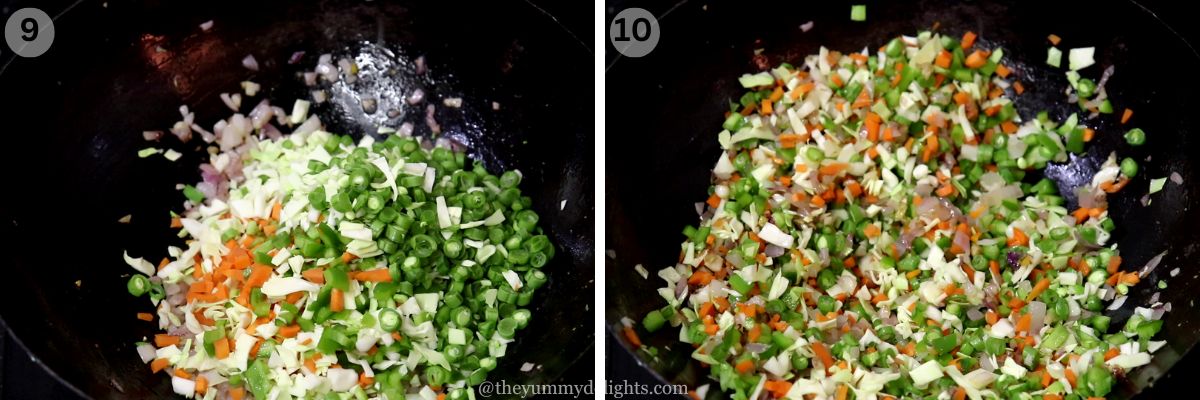 collage image of 2 steps showing stir-rying the vegetables to make vegetable egg fried rice recipe.