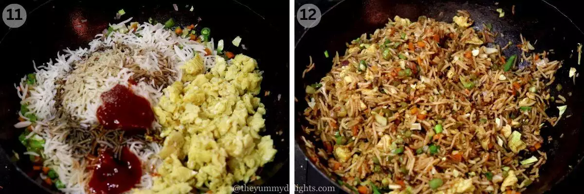 collage image of 2 steps showing stir-frying cooked rice with scrambles eggs and vegetables to make fried rice.