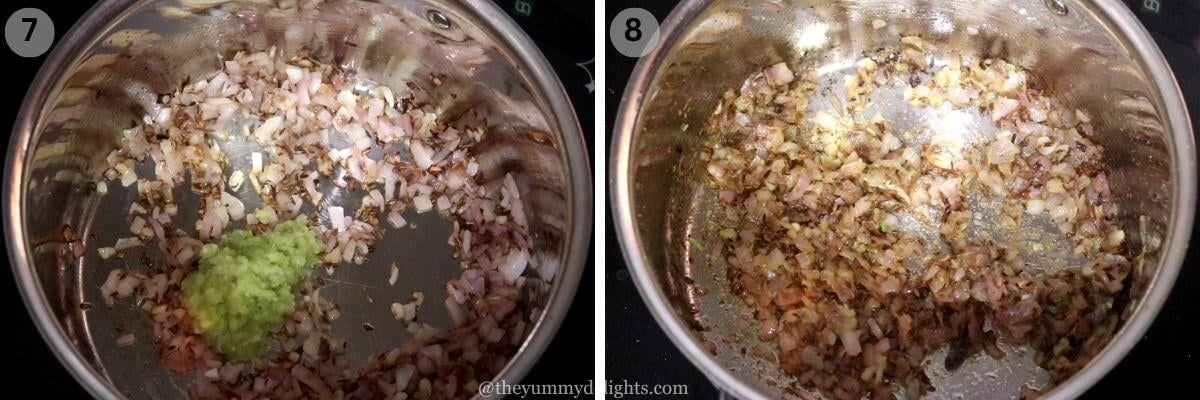 collage image of 2 steps showing how to make egg masala. It shows sauteing onions with ginger, garlic and green chili paste to make egg curry.