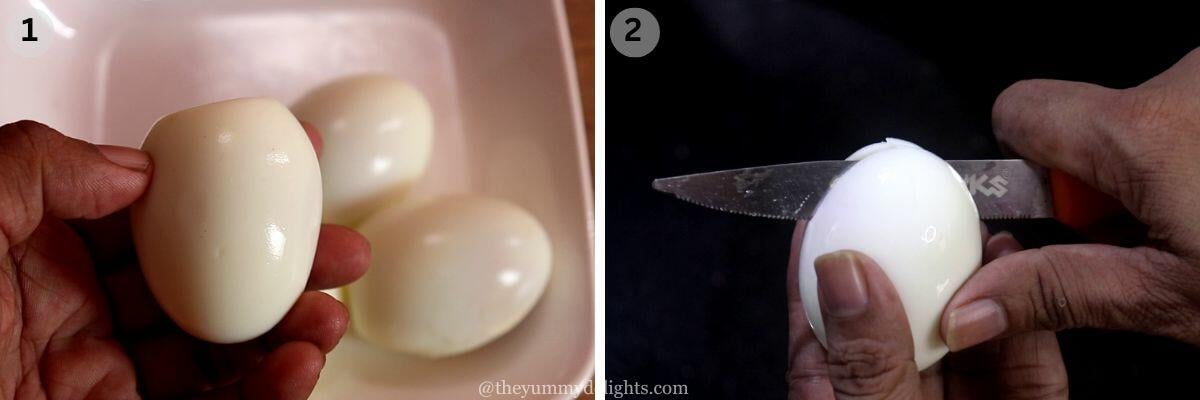 collage image of 2 steps showing preparations for anda curry. It shows boiled eggs and making incisions on it to make egg masala.