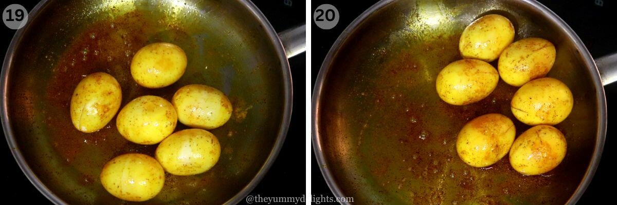 collage image of 2 steps showing showing stir-frying eggs in masala to make egg masala recipe.