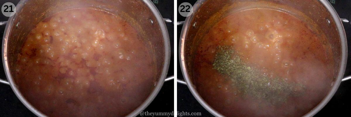 collage image of 2 steps showing cooking the curry to make egg masala.