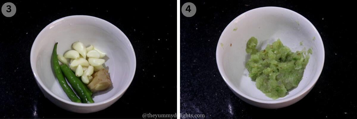 collage image of 2 steps showing making ginger, garlic and green chili paste to make egg masala recipe.