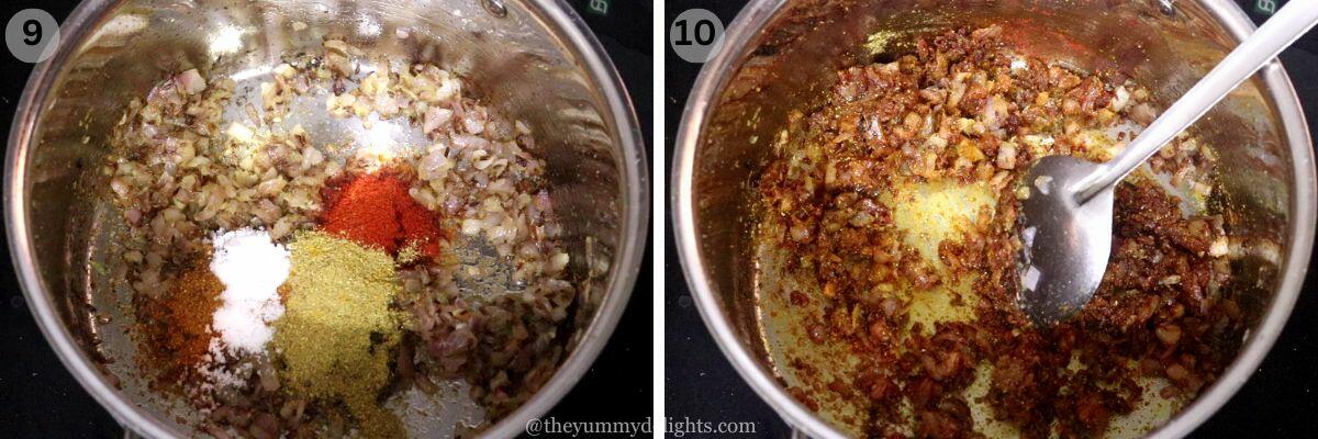 collage image of 2 steps showing sti-frying the spices to make egg curry masala.