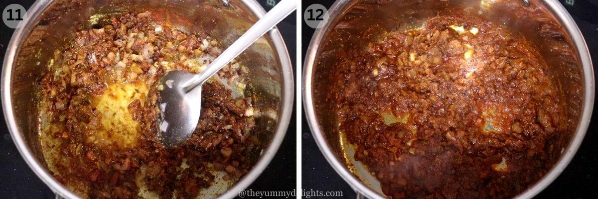 collage image of 2 steps showing addition of water and cooking onion-tomato masala to make egg curry masala.