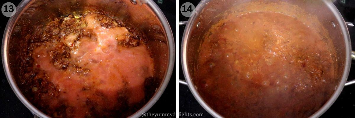 collage image of 2 steps showing addition of tomato paste and cooking them to make anda masala.
