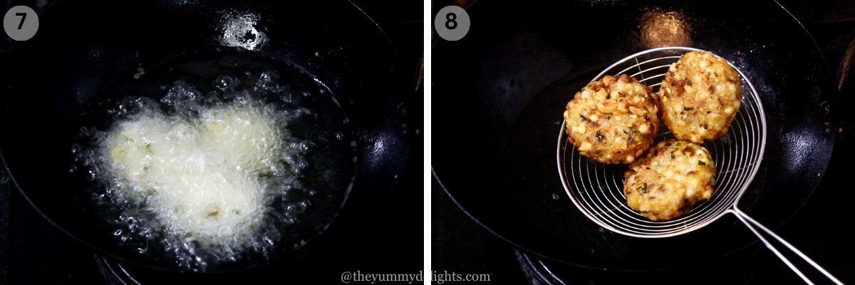 collage image of 2 steps showing frying the sabudana vada.