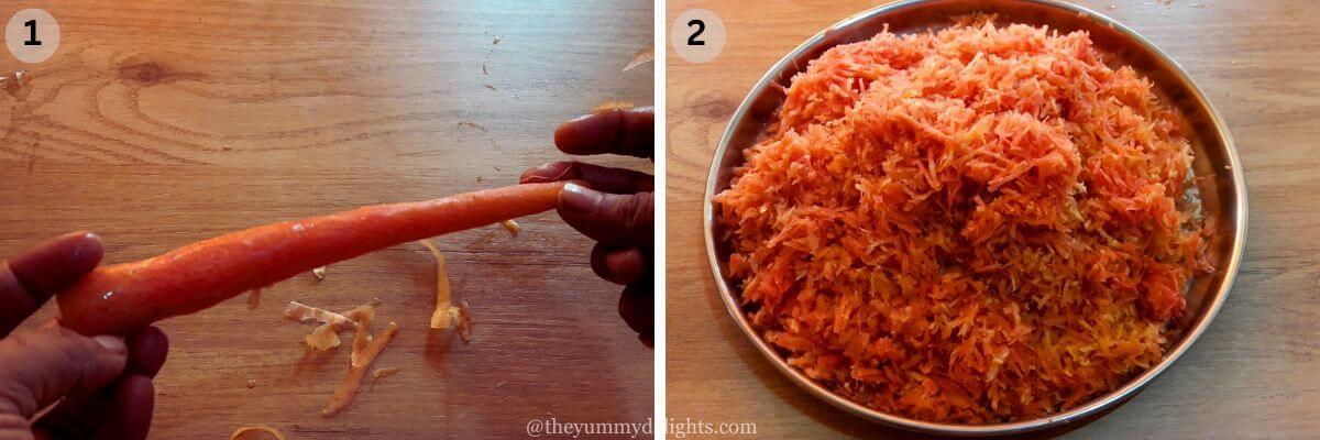 collage image of 2 steps showing peeling and grating gajar (carrots) to make pressure cooker gajar halwa recipe.