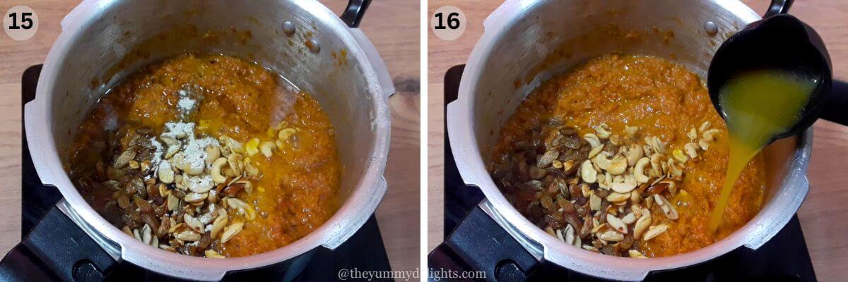 collage image of 2 steps showing addition of dry fruit and ghee to gajar halwa in pressure cooker.