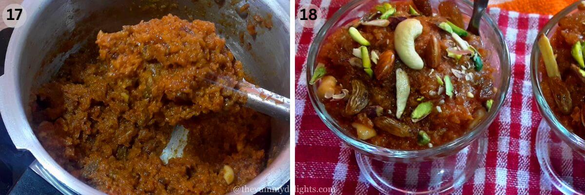 collage image of 2 steps showing pressure cooker gajar halwa and garnishing it with cashews, almonds, and raisins.