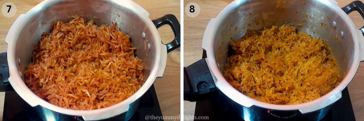 collage image of 2 steps showing stir frying the carrots in ghee to make pressure cooker gajar halwa.