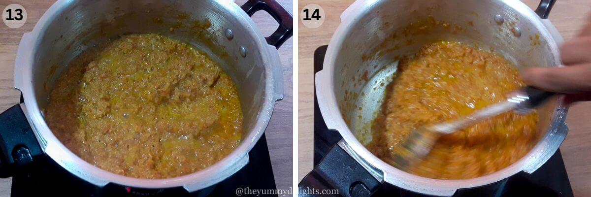 collage image of 2 steps showing cooking gajar halwa until excess moisture evaporates.