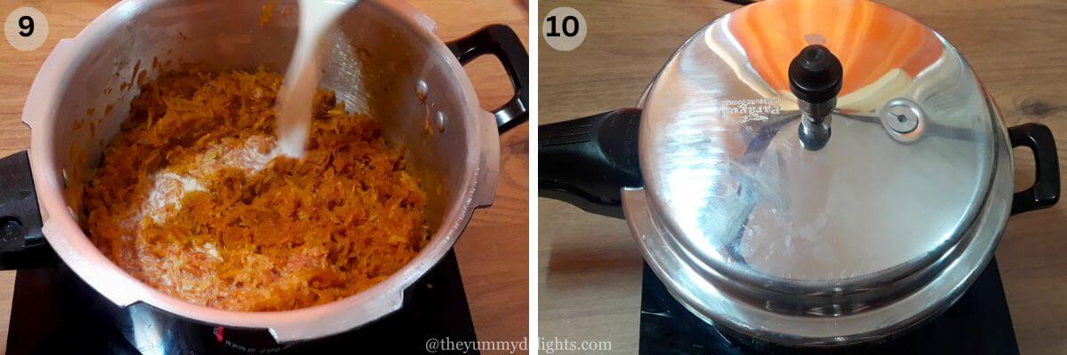 collage image of 2 steps showing addition of milk and pressure cooking carrots to make carrot (gajar) halwa.