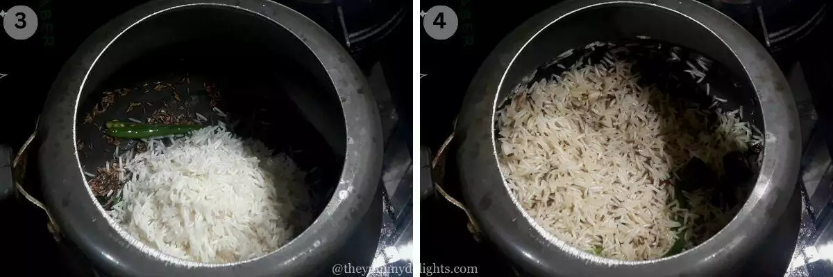 collage image of 2 steps showing how to make jeera rice in pressure cooker. It shows sauteing rice with whole spices and cumin.