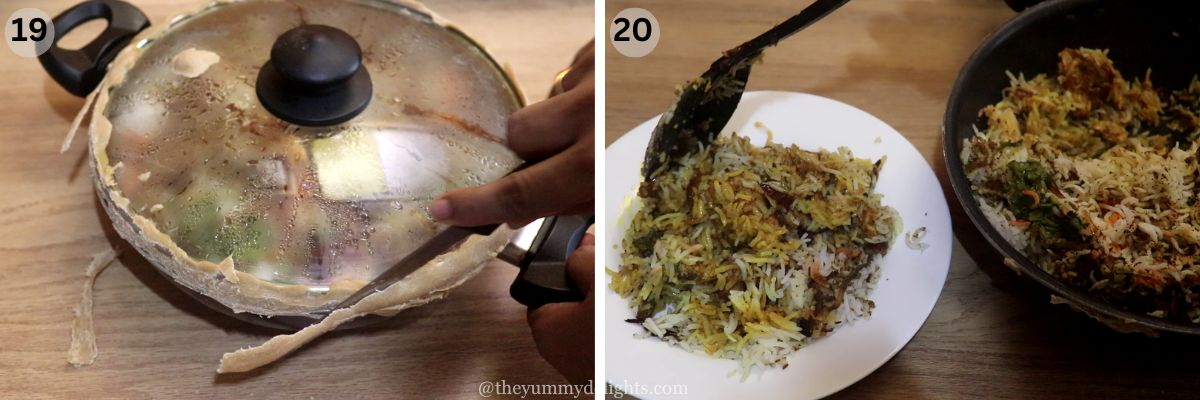 collage image of 2 steps showing opening the biryani pot seal and serving chicken dum biryani.