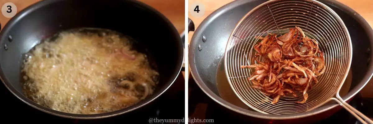 collage image of 2 steps showing frying onions to make birista for making hyderabadi chicken biryani.