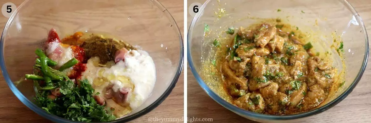 collage image of 2 steps showing marinating the chicken.