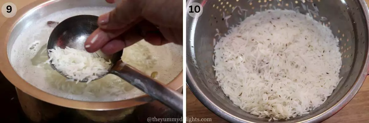 collage image of 2 steps showing cooked biryani rice to make chicken dum biryani.