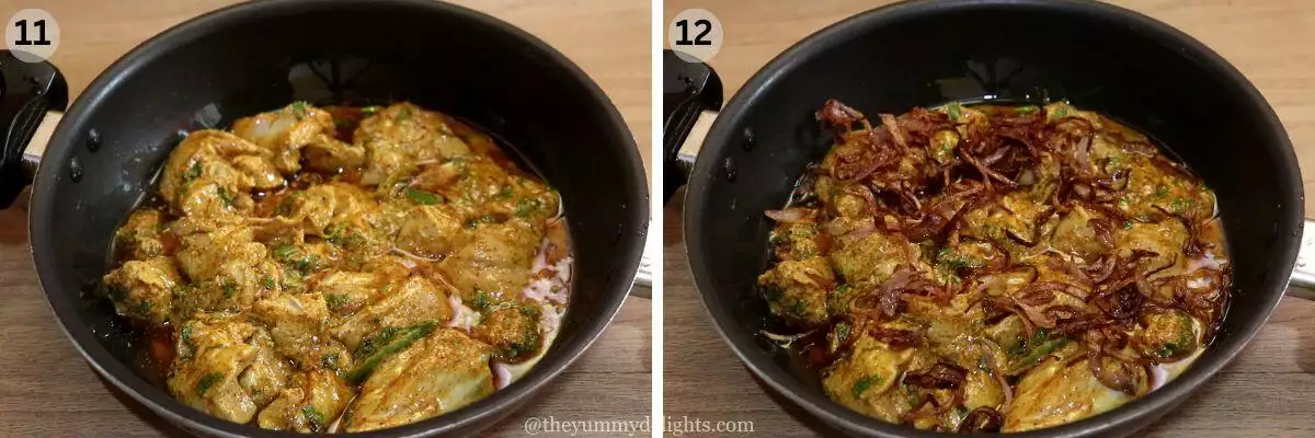 collage image of 2 steps showing laering the chicken biryani. It shows layering the marinated chicken and birista in biryani pot.