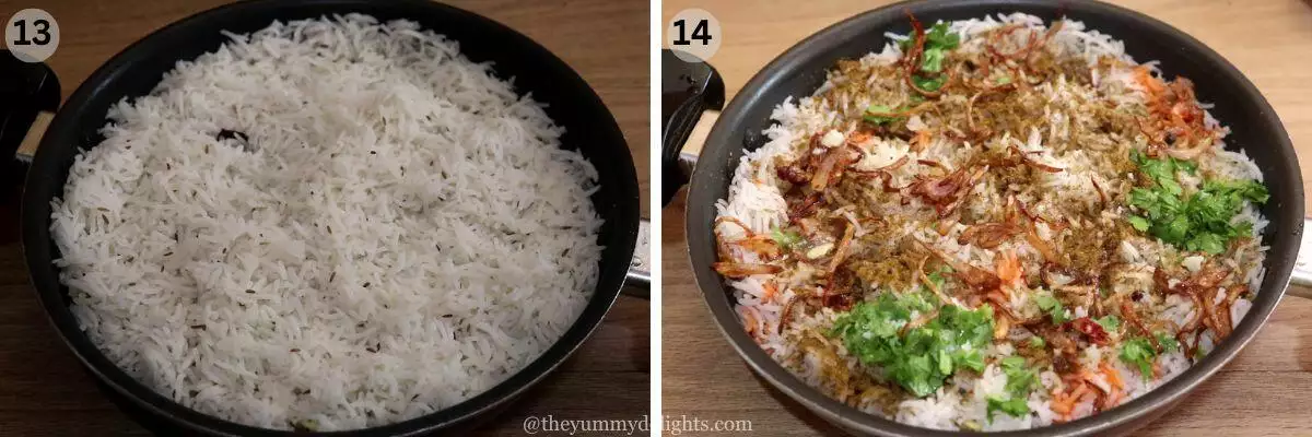 collage image of 2 steps showing layering chicken dum biryani.