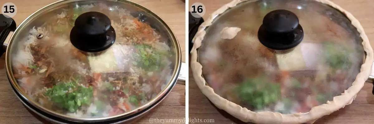 collage image of 2 steps showing sealing the biryani pot for dum cooking chicken biryani.