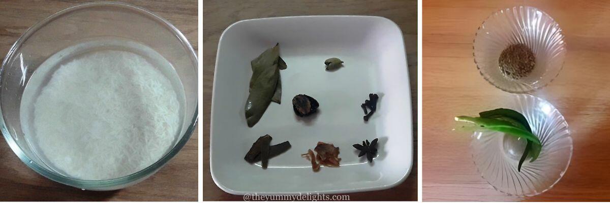Collage image of 3 photos showing ingredients to make jeera rice in pressure cooker.