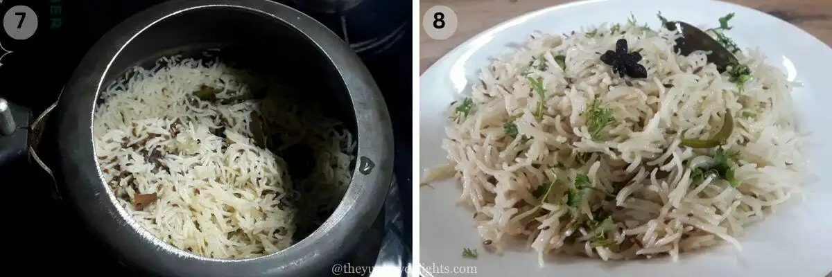 collage image of 2 steps showing cooked jeera rice in pressure cooker and serving it.