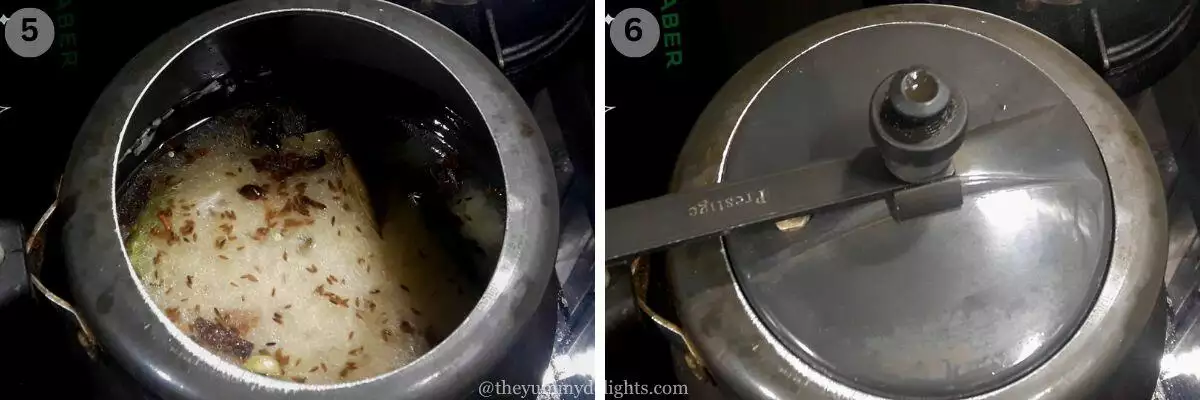 collage image of 2 steps showing pressure cooking jeera rice.