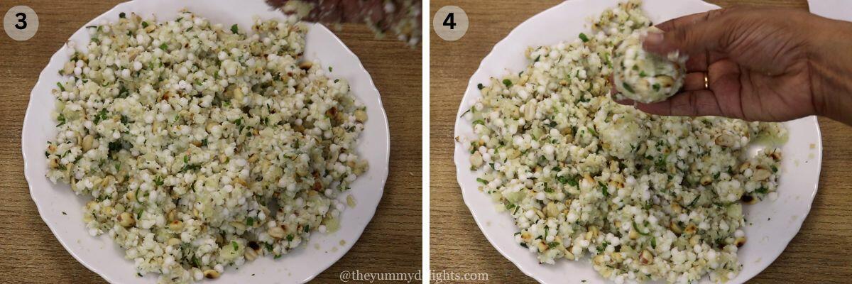 collage image of 2 steps showing shaping the sabudana vadas.