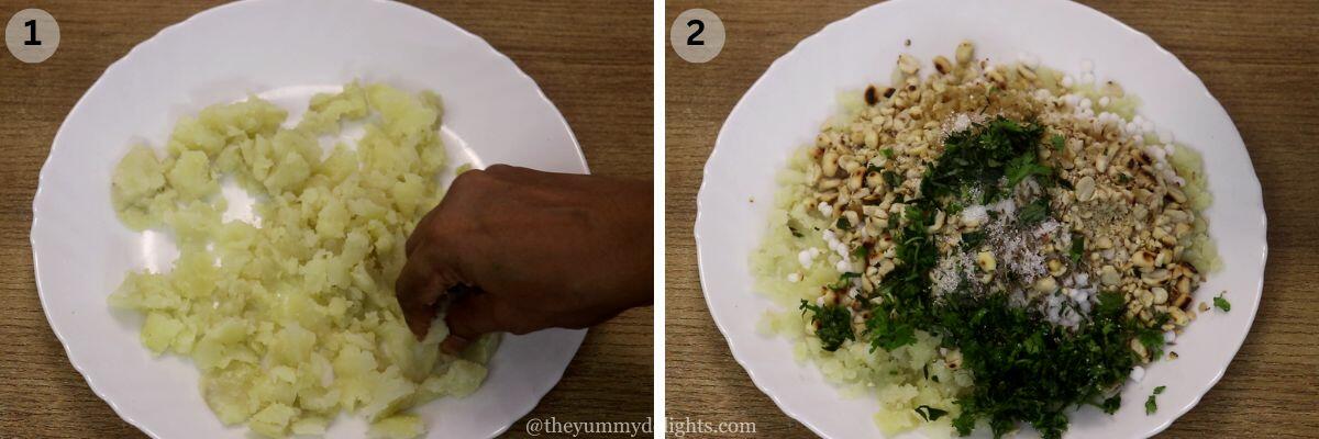 collage image of 2 steps showing making the sabudana vada dough. It shows combining the ingredients to make sabudana dough.