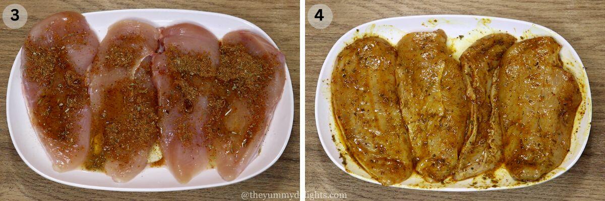 collage image of 2 steps showing marinating the chicken breasts to make mediterranean chicken rice skillet.