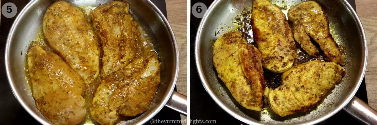 collage image of 2 steps showing cooking chicken to make one pan mediterranean chicken and rice.