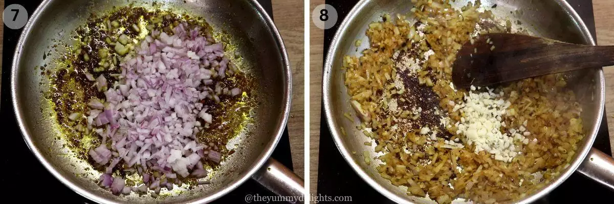 collage image of 2 steps showing sauteing onions and addition of garlic to make mediterranean chicken and rice recipe.