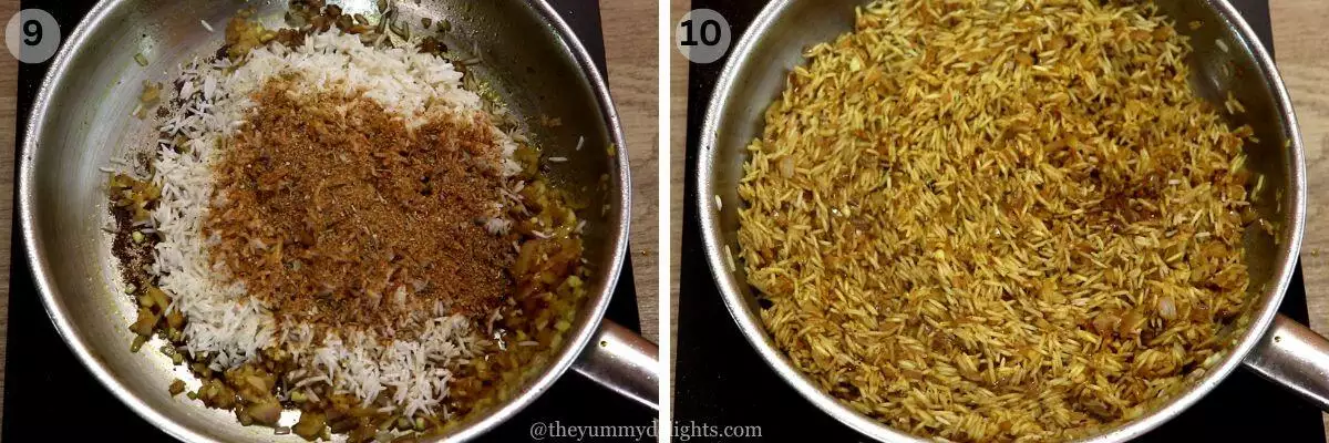 collage image of 2 steps showing addition of chicken and mediterranean seasoning to make mediterranean chicken with rice.