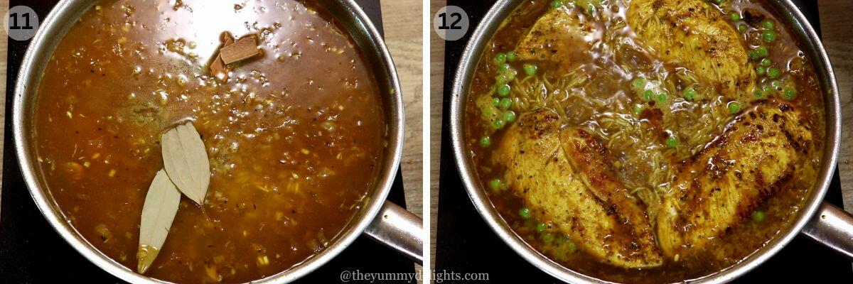 collage image of 2 steps showing addition of chicken broth and cooked chicken to make one pan mediterranean chicken and rice.