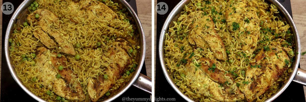 collage image of 2 steps showing cooked mediterrranean chicken and rice, garnishing with coriander leaves.