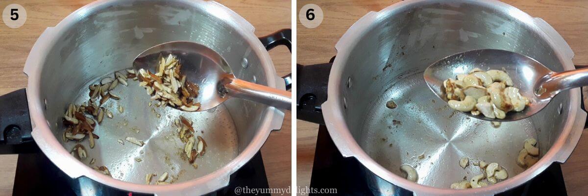 collage image of 2 steps showing stir frying almonds and cashews until golden.