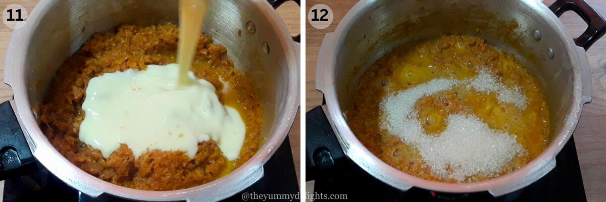 collage image of 2 steps showing addition of condensed milk and sugar to gajar halwa recipe.