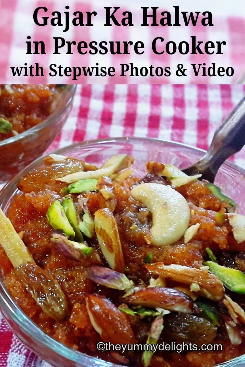 close-up of pressure cooker gajar halwa in a serving glass bowl, garnished with cashews and raisins.