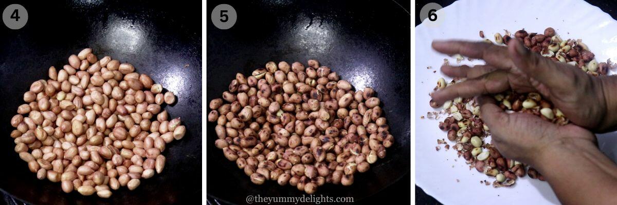 collage image of 2 steps showing roasting the peanuts to make sabudana vada recipe.