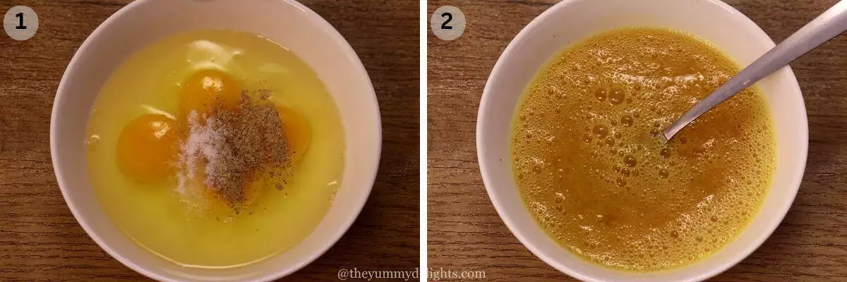 collage image of 2 steps showing seasoning eggs with salt and pepper and whisking them.