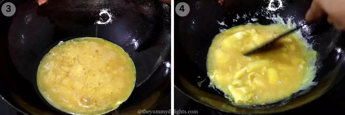 collage image of 2 steps showing how to scramble eggs to make vegetable egg fried rice recipe.