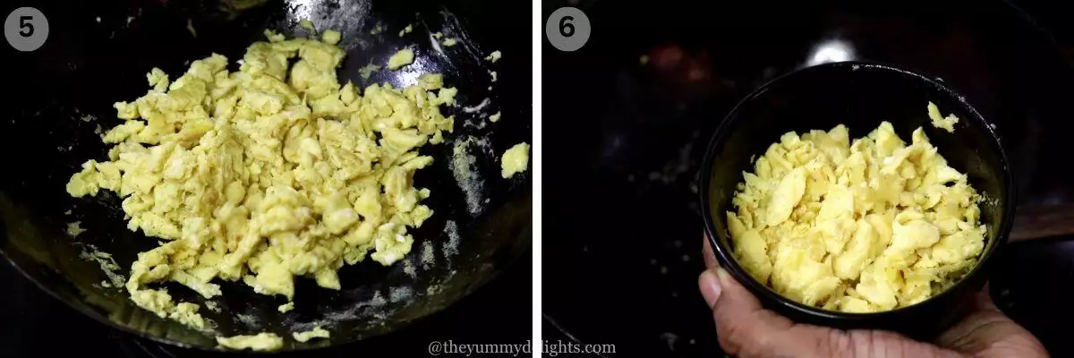 collage image of 2 steps showing scramble eggs and removing them to a bowl.