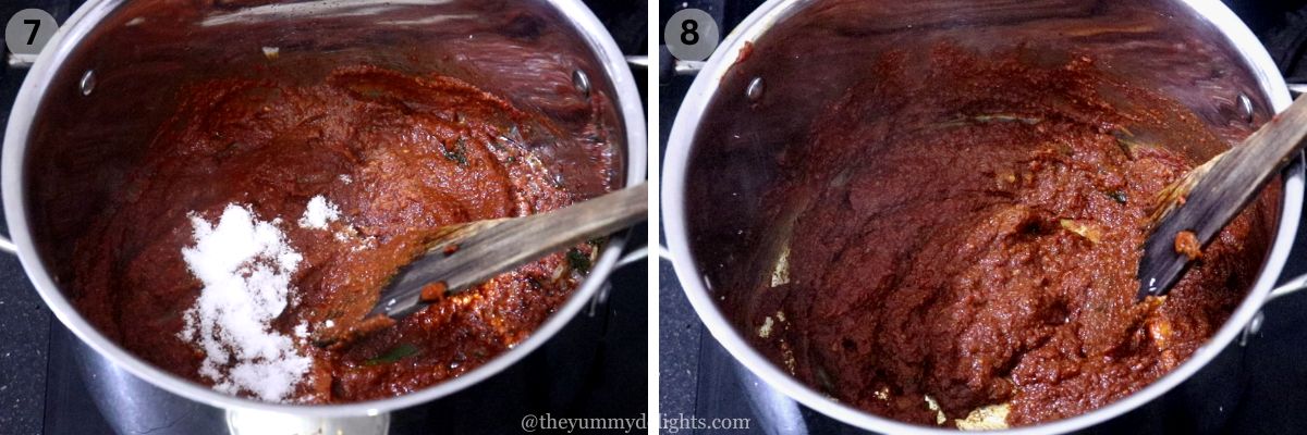 Collage image of two steps showing addition od salt and cooking pulimunchi spice blend.