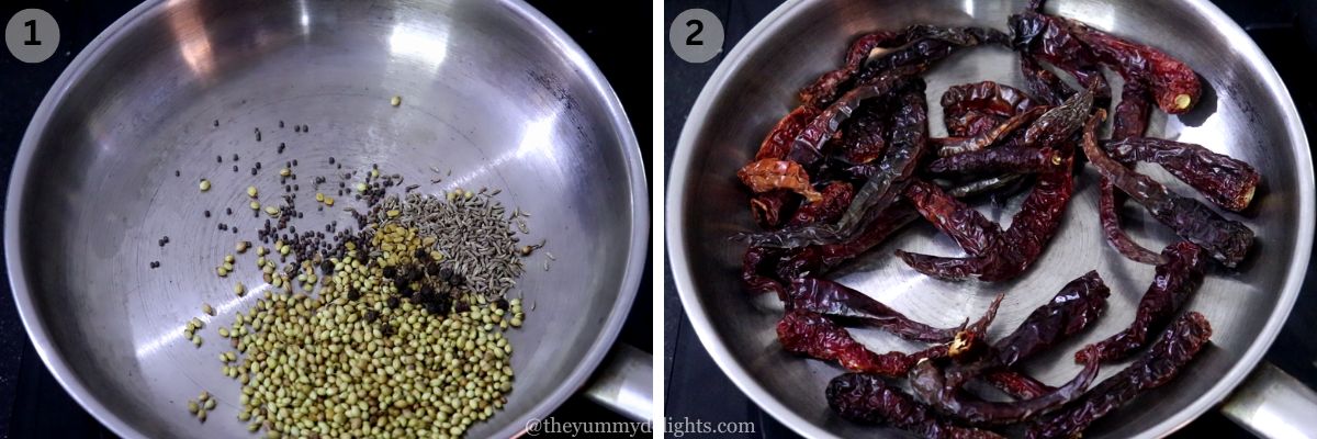 collage image of 2 steps showing roasting the ingredients to make bangude pulimunchi.