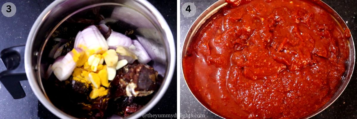 collage image of 2 steps showing making pulimunchi masala paste. It shows grinding the ingredients to make pulimunchi masala paste.