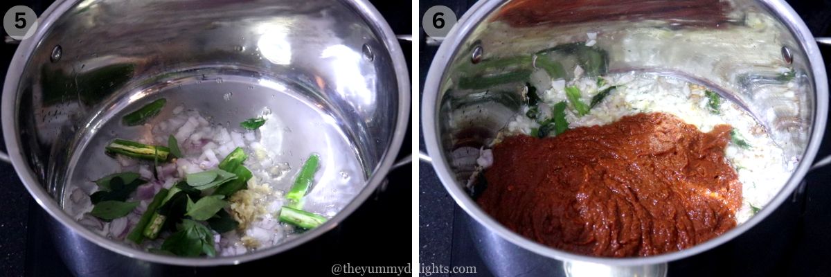 collage image of 2 steps showing sauteing onions, ginger and green chilies and addition of masala paste to make bangude pulimunchi.