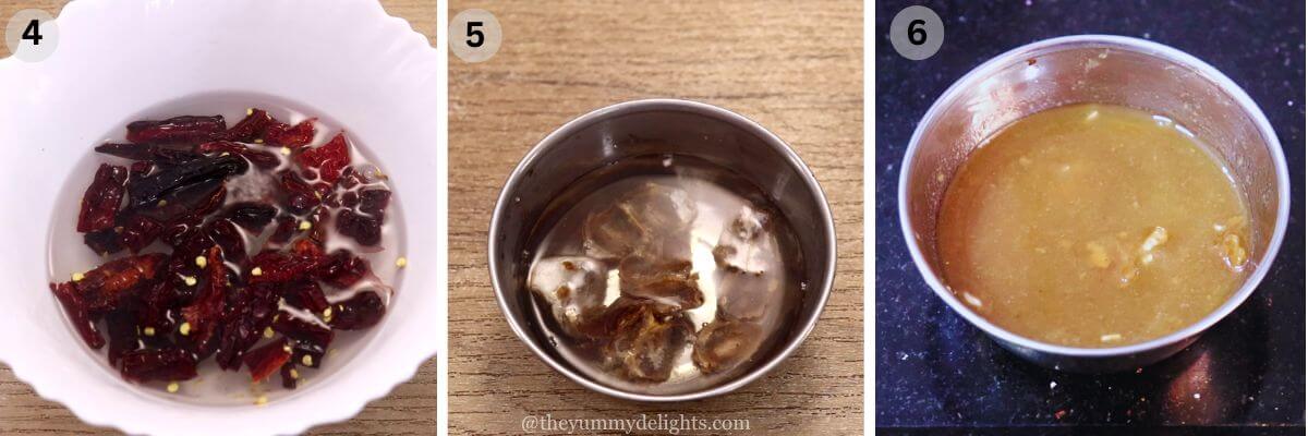 collage image of 3 steps showing soaking red chilies and tamarind in hot water in two different bowls.