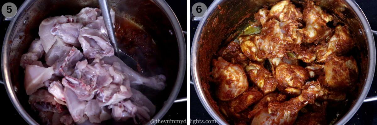 collage image of 2 steps showing addition of chicken and stir-frying it with spice paste.